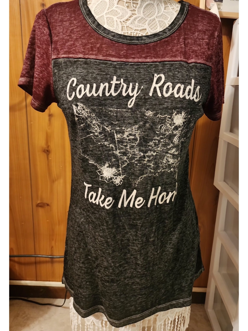 Maurices Two-Tone 'Country Roads' Crewneck Tee - Burgundy and Charcoal